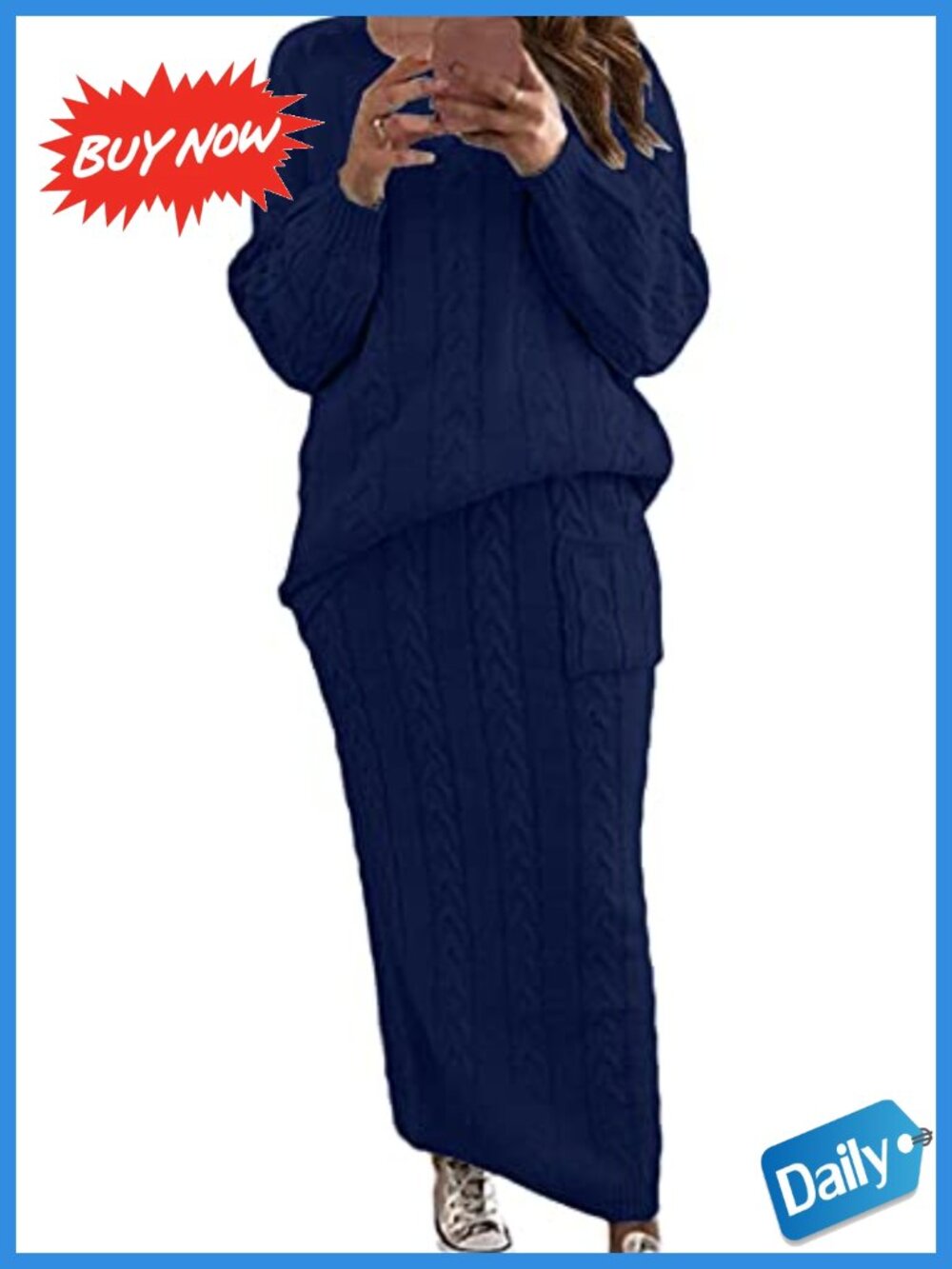 CHARTOU Womens Chunky Cable Knit 2 Piece Sweater Skirt Set Long Sleeve Midi
